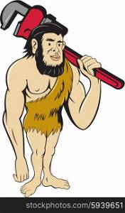 Illustration of a neanderthal man or caveman plumber holding monkey wrench on shoulder set on isolated white background done in cartoon style.. Neanderthal CaveMan Plumber Monkey Wrench Cartoon