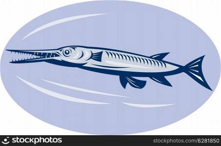 illustration of a Needlefish (family Belonidae)done in retro woodcut style.. Needlefish (family Belonidae)