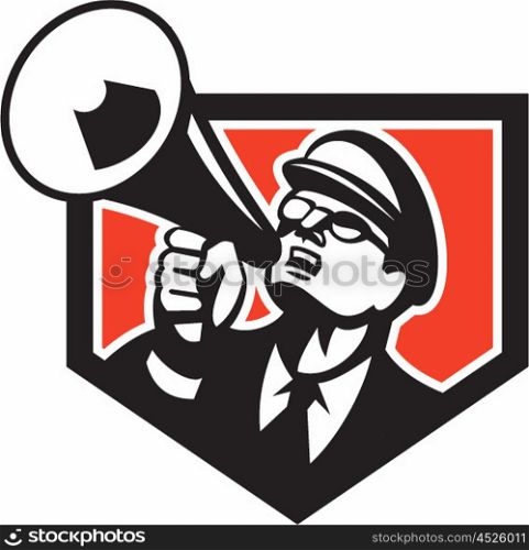 Illustration of a nerd man wearing hat and eye glasses looking up shouting through megaphone set inside shield crest on isolated background done in retro style. . Nerd Shouting Megaphone Shield Retro