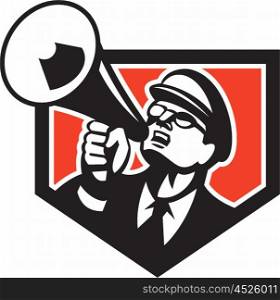Illustration of a nerd man wearing hat and eye glasses looking up shouting through megaphone set inside shield crest on isolated background done in retro style. . Nerd Shouting Megaphone Shield Retro