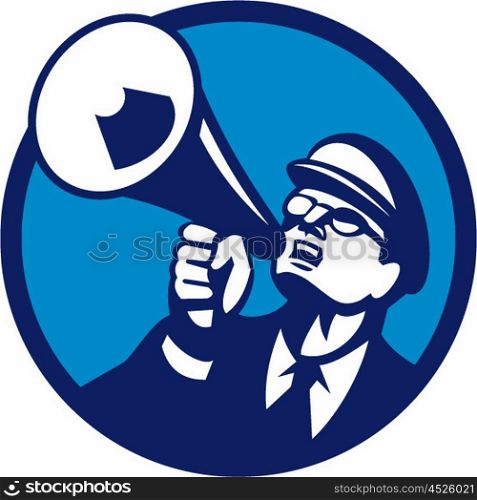 Illustration of a nerd man wearing hat and eye glasses looking up shouting through megaphone set inside circle on isolated background done in retro style. . Nerd Shouting Megaphone Circle Retro