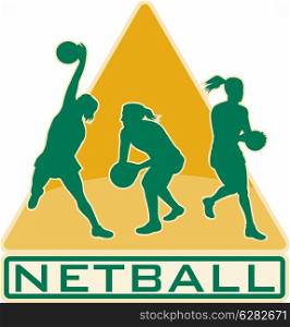 illustration of a netball player catching jumping passing ball with shield or triangle in the background. netball player catching jumping passing ball