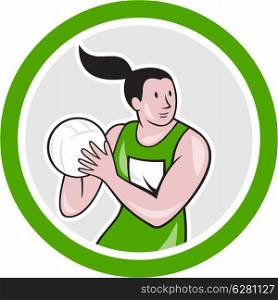 Illustration of a netball player catching rebounding ball set inside circle on isolated white background done in cartoon style. . Netball Player Catching Ball Circle Cartoon