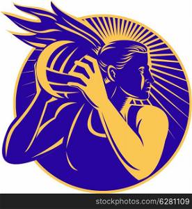 illustration of a netball player holding passing ball viewed from front done in retro woodcut set inside circle. netball player holding passing ball