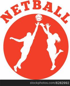 "illustration of a netball player jumping and rebounding for ball set inside circle and words netball". Netball player rebounding for ball""
