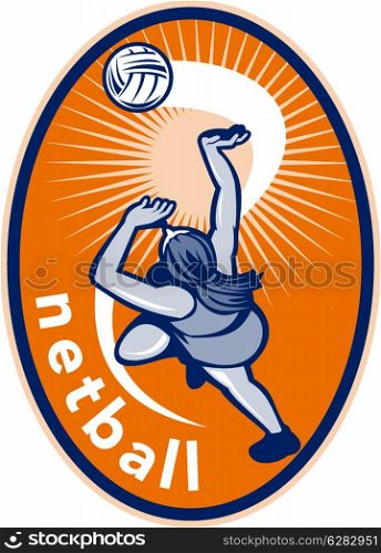 illustration of a netball player jumping ball set inside oval. Netball player rebounding ball