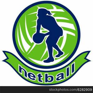 illustration of a netball player passing ball with ball in background . Netball player passing ball