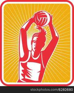 illustration of a netball player ready to pass ball with shield or triangle in the background. netball player catching or passing ball