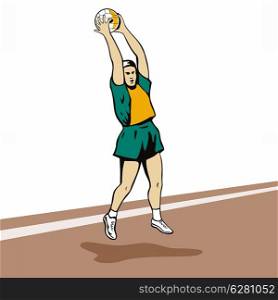 Illustration of a netball player rebounding ball done in retro style.