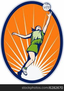 illustration of a netball player reboundng jumping for ball set inside an oval with sunburst in background. netball player reboundng jumping for ball