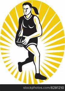 illustration of a netball player running with the ball set inside oval done in retro style. netball player running with ball