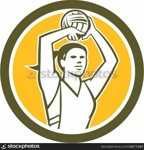 Illustration of a netball player shooting ball set inside circle on isolated background done in retro style. . Netball Player Shooting Ball Circle Retro