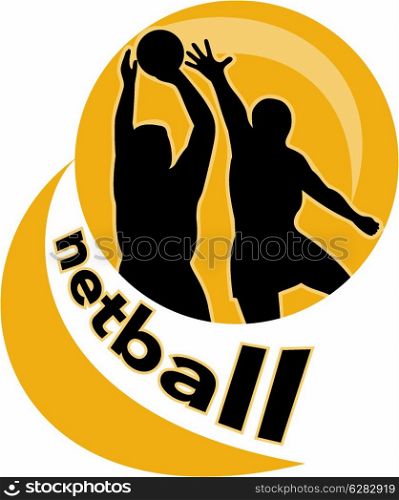"illustration of a netball player shooting ball with another player blocking shot set inside circle with words netball". Netball player shooting blocking the shot""