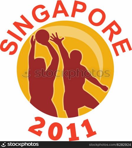 "illustration of a netball player shooting ball with circle in background and words Singapore 2011". Netball Singapore 2011 player passing ball ""