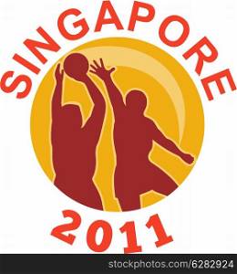 "illustration of a netball player shooting ball with circle in background and words Singapore 2011". Netball Singapore 2011 player passing ball ""
