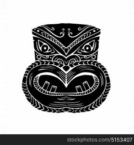 Illustration of a New Zealand Maori Koruru Tiki mask done in Woodcut style.. New Zealand Maori Koruru Tiki Mask Woodcut