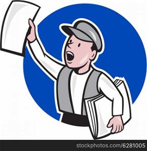 Illustration of a newsboy shouting selling newspaper on isolated background done in cartoon style.. Newsboy Selling Newspaper Circle Cartoon