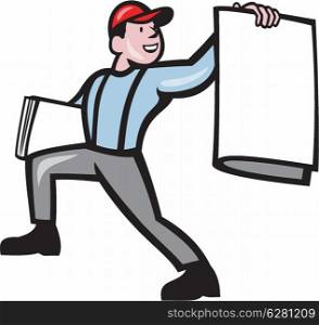 Illustration of a newsboy shouting selling newspaper on isolated background done in cartoon style.. Newsboy Selling Newspaper Isolated Full Cartoon
