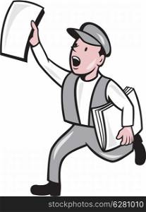 Illustration of a newsboy shouting selling newspaper running on isolated background done in cartoon style.. Newsboy Selling Newspaper Cartoon