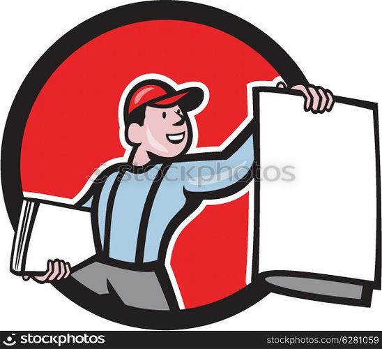 Illustration of a newsboy shouting selling newspaper set inside circle on isolated background done in cartoon style.. Newsboy Selling Newspaper Circle Cartoon