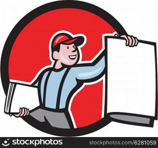 Illustration of a newsboy shouting selling newspaper set inside circle on isolated background done in cartoon style.. Newsboy Selling Newspaper Circle Cartoon