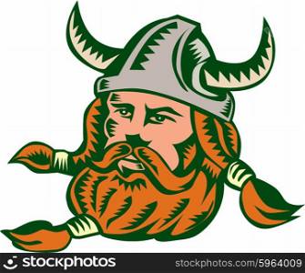 Illustration of a norseman viking warrior raider barbarian head wearing horned helmet with beard set on isolated white background done in retro woodcut style. . Viking Warrior Head Woodcut