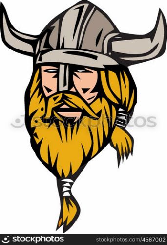Illustration of a norseman viking warrior raider barbarian head with beard wearing horned helmet viewed from front set on isolated white background done in retro style. . Viking Warrior Head Retro