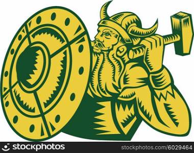 Illustration of a norseman viking warrior raider barbarian wearing horned helmet with beard holding hammer and shield viewed from side set on isolated white background done in retro woodcut style. . Viking Warrior Hammer Shield Woodcut