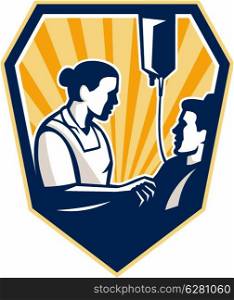 Illustration of a nurse tending a sick patient in bed with iv intravenous drip in background set inside shield crest done in retro style.. Nurse Tending Sick Patient Retro