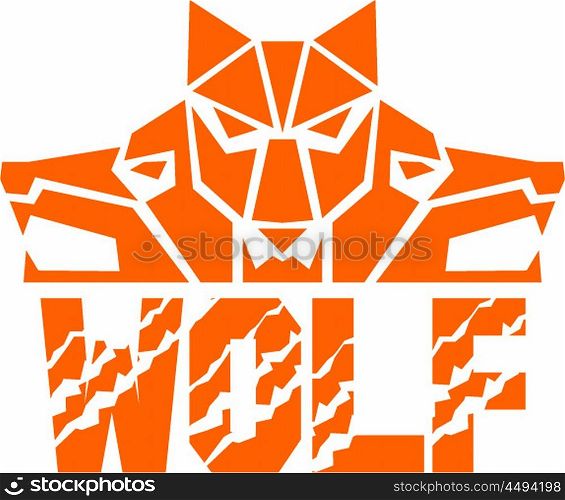 Illustration of a pack of wolf heads viewed from front set on isolated white background with the text word Wolf done in retro style. . Wolf Pack Head Retro