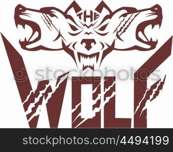 Illustration of a pack of wolf heads viewed from front set on isolated white background with the text word The Wolf done in retro style. . The Wolf Pack Head Retro