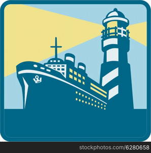 illustration of a passenger cargo ship at sea with lighthouse in background done in retro style