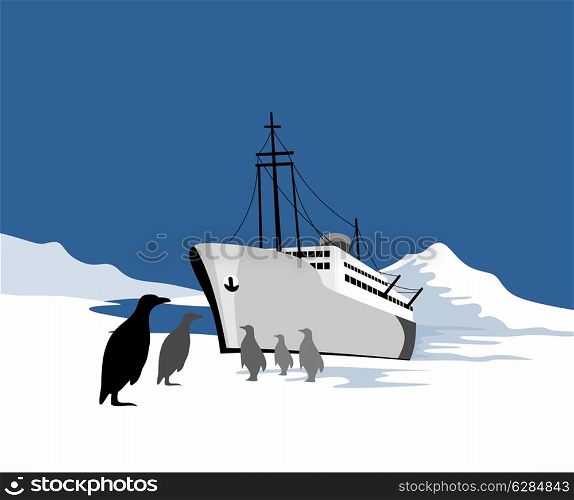 illustration of a passenger cargo ship done in retro style with penguins in the south pole antartic polar region.