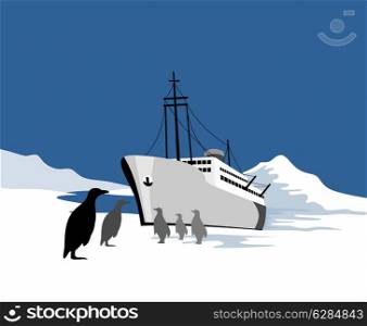 illustration of a passenger cargo ship done in retro style with penguins in the south pole antartic polar region.