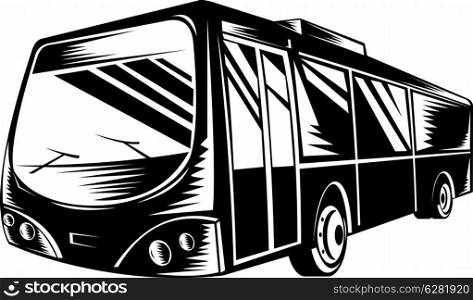 Illustration of a passenger coach bus isolated white background done in retro woodcut style.. passenger coach bus woodcut
