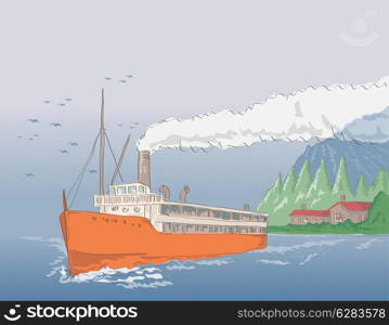 Illustration of a passenger sailing steamship steamboat done in retro style