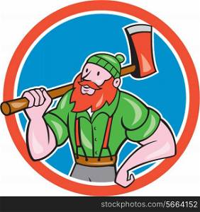 Illustration of a Paul Bunyan an American lumberjack sawyer forest holding an axe on shoulder looking up to side set inside circle shape done in cartoon style.. Paul Bunyan LumberJack Circle Cartoon