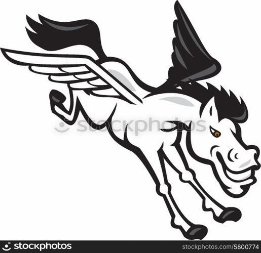 Illustration of a Pegasus flying horse viewed from the side set on isolated white background done in cartoon style.