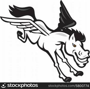 Illustration of a Pegasus flying horse viewed from the side set on isolated white background done in cartoon style.