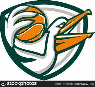 Illustration of a pelican holding dunking basketball viewed from the side set inside shield crest on isolated background done in retro style. . Pelican Dunking Basketball Crest Retro