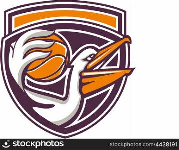 Illustration of a pelican holding passing basketball ball viewed from the side set inside shield crest on isolated background done in retro style. . Pelican Passing Basketball Shield Retro