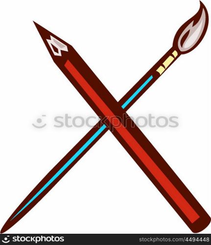 Illustration of a pencil crossed with artist brush set on isolated white background done in retro style. . Crossed Pencil Artist Brush Retro