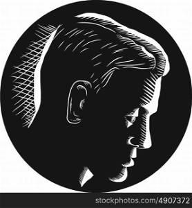 Illustration of a pensive man engage in deep thought viewed from side set inside circle on isolated background done in retro woodcut style. . Pensive Man in Deep Thought Circle Woodcut