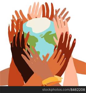 Illustration of a people&rsquo;s hands with different skin color together holding planet earth. Race equality, feminism, tolerance, climate change, ecology, global warming concept art in minimal style.. Illustration of a people&rsquo;s hands with different skin color together holding planet earth.
