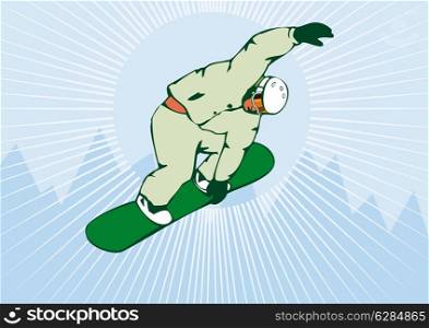 Illustration of a person on green snowboard snowboarding on air done in retro style. . Snowboarding on Air Green Snowboard