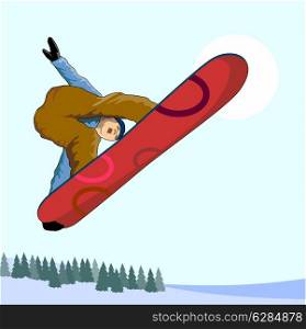 Illustration of a person snowboarding on air viewed from below in the background.. Snowboarding on Air