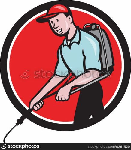 Illustration of a pest control exterminator spraying viewed from the side set inside circle on isolated background done in cartoon style. . Pest Control Exterminator Spraying Circle Cartoon