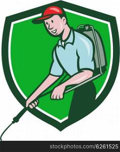 Illustration of a pest control exterminator spraying viewed from the side set inside shield crest on isolated background done in cartoon style. . Pest Control Exterminator Spraying Crest Cartoon