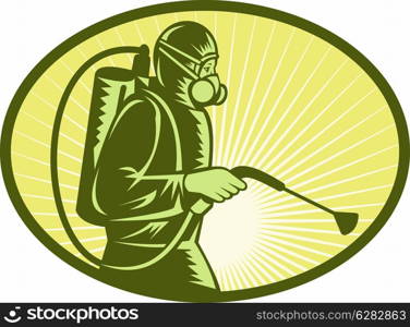 illustration of a Pest control exterminator worker spraying side view. Pest control exterminator worker spraying