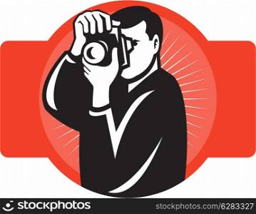illustration of a photographer aiming slr camera front view on isolated background. photographer aiming slr camera front